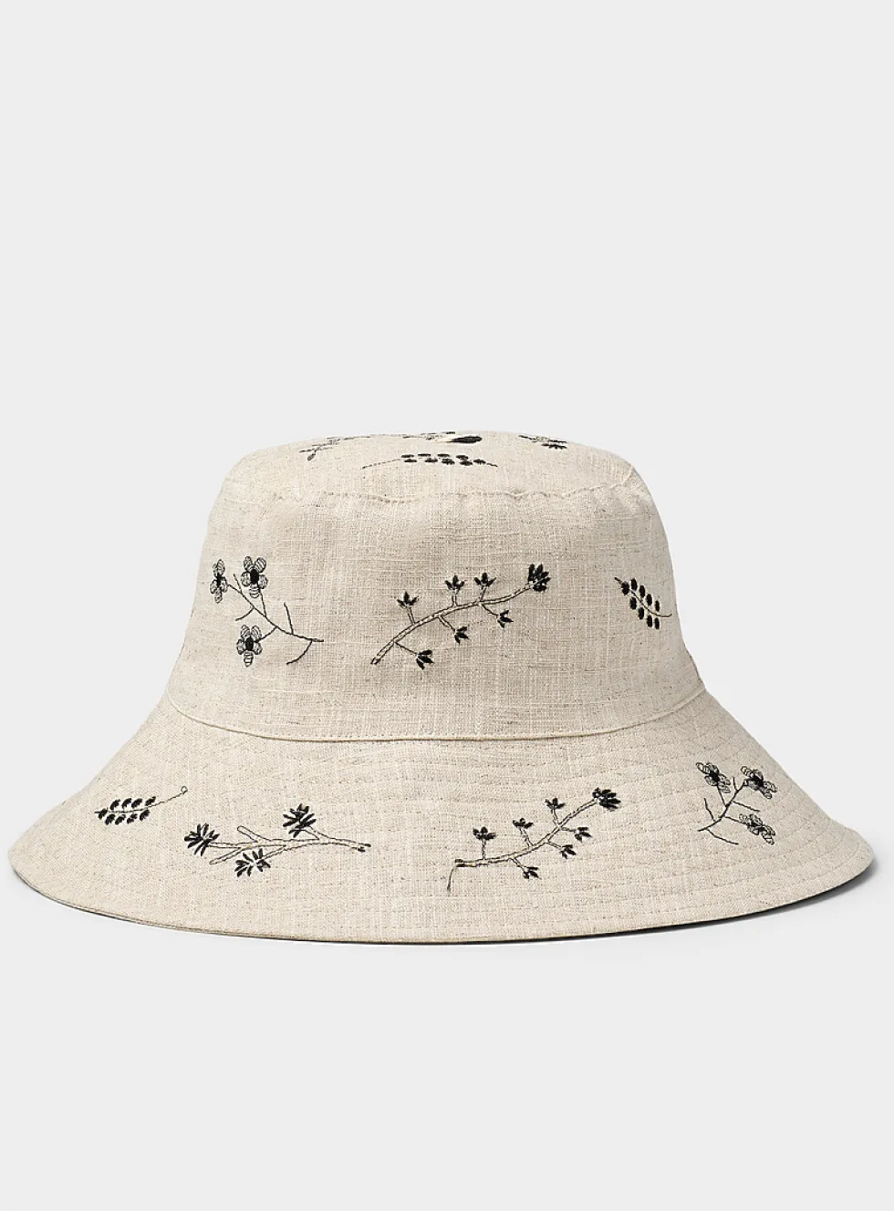 Floral embroidery pure linen bucket hat