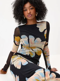 Floral mesh open-back maxi dress