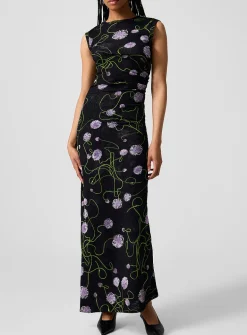 Floral mesh ruched waist dress