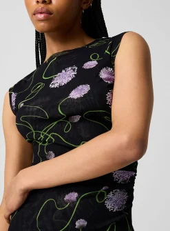 Floral mesh ruched waist dress