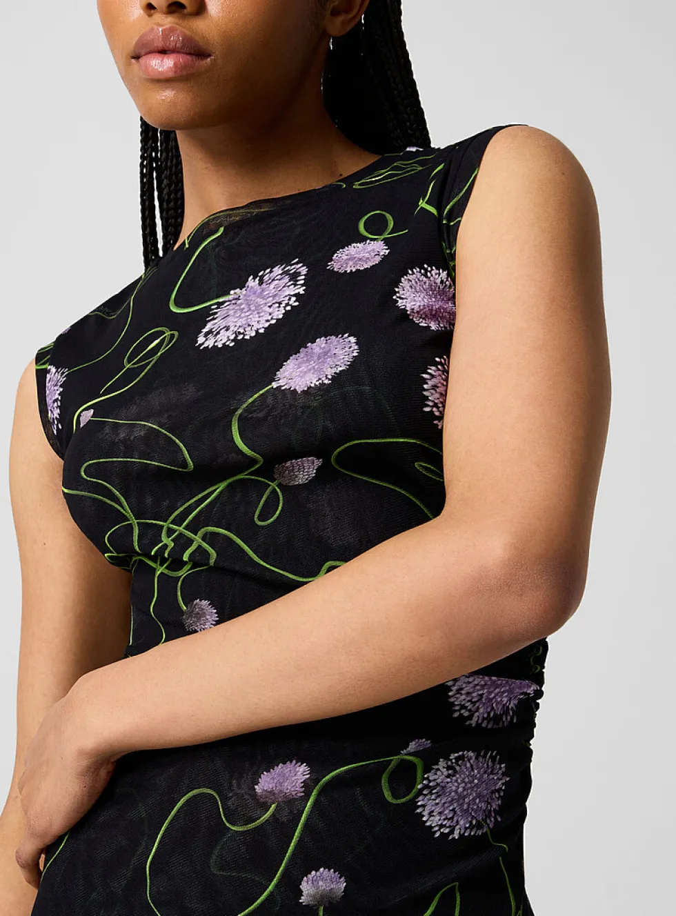 Floral mesh ruched waist dress