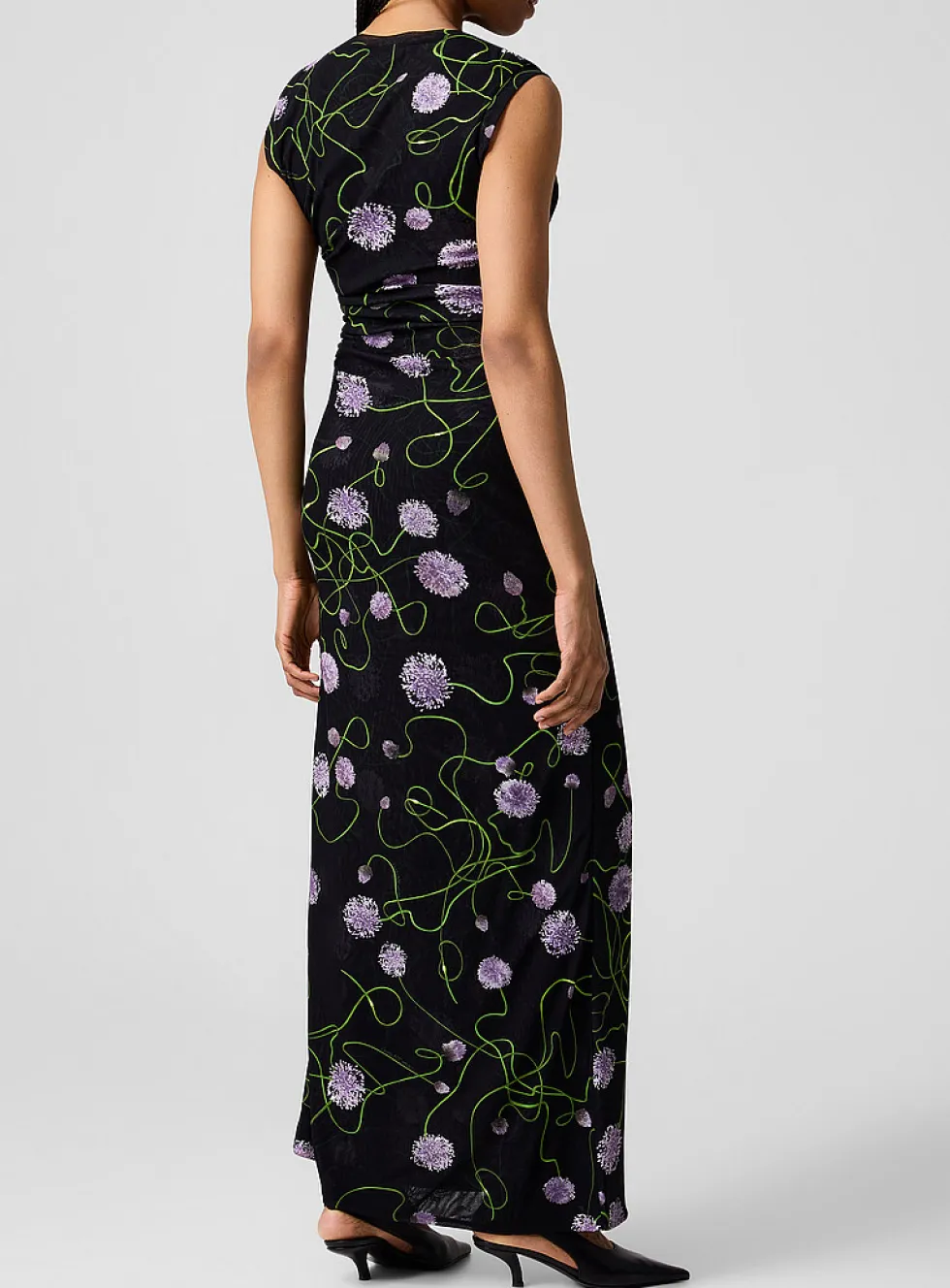 Floral mesh ruched waist dress