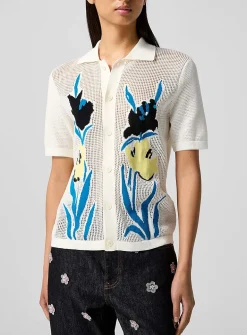 Floral motif short-sleeve openwork cardigan