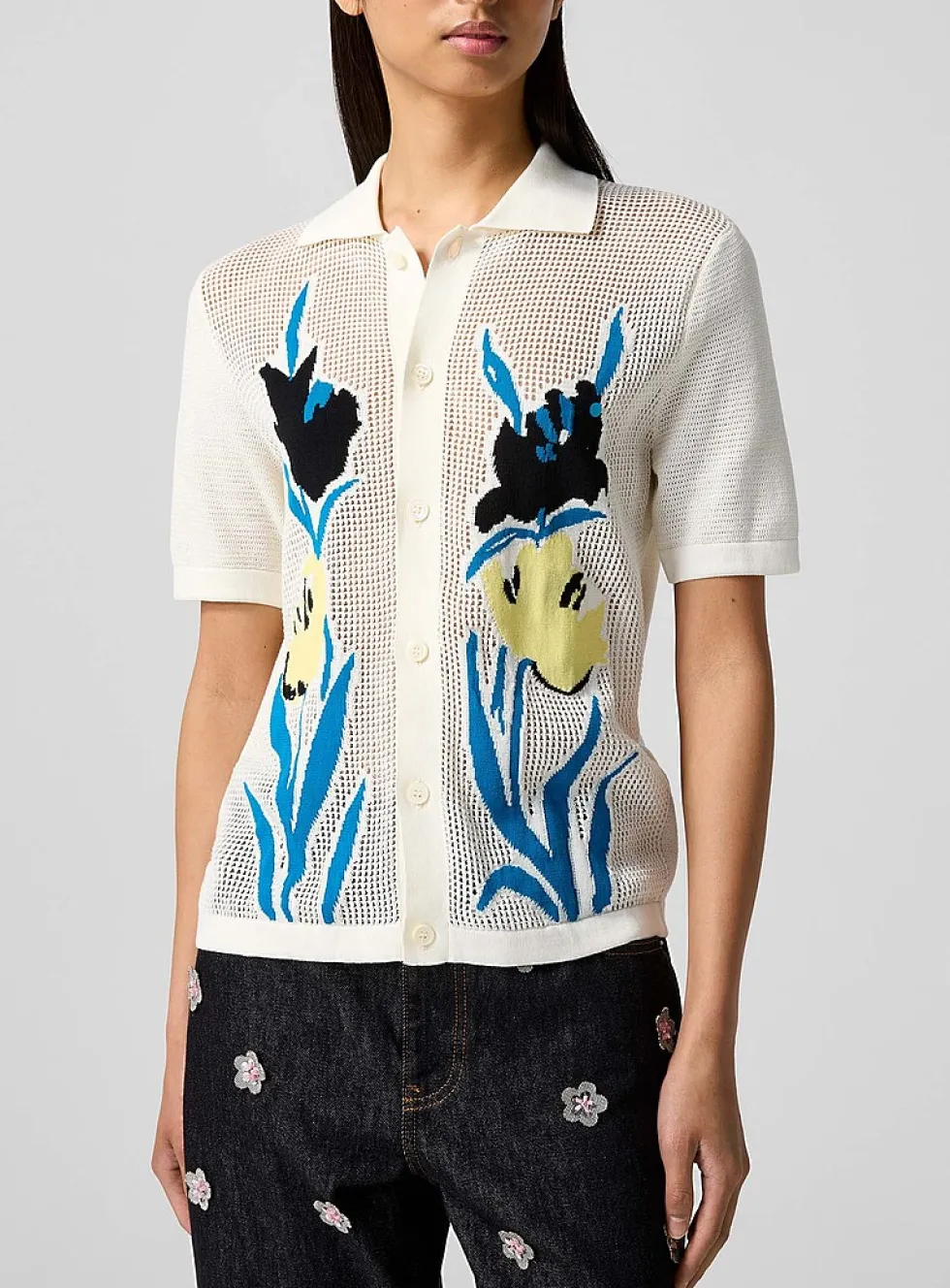Floral motif short-sleeve openwork cardigan