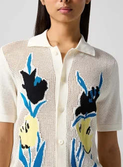 Floral motif short-sleeve openwork cardigan