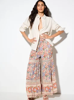 Floral pattern crocheted inserts ultra-wide-leg pant