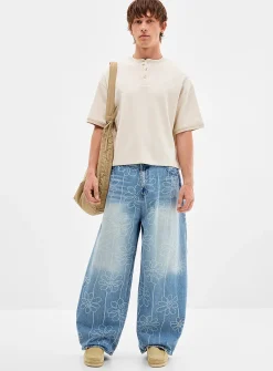 Floral pattern light-blue baggy jean