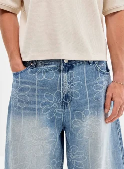 Floral pattern light-blue baggy jean
