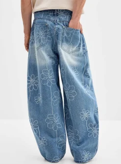 Floral pattern light-blue baggy jean