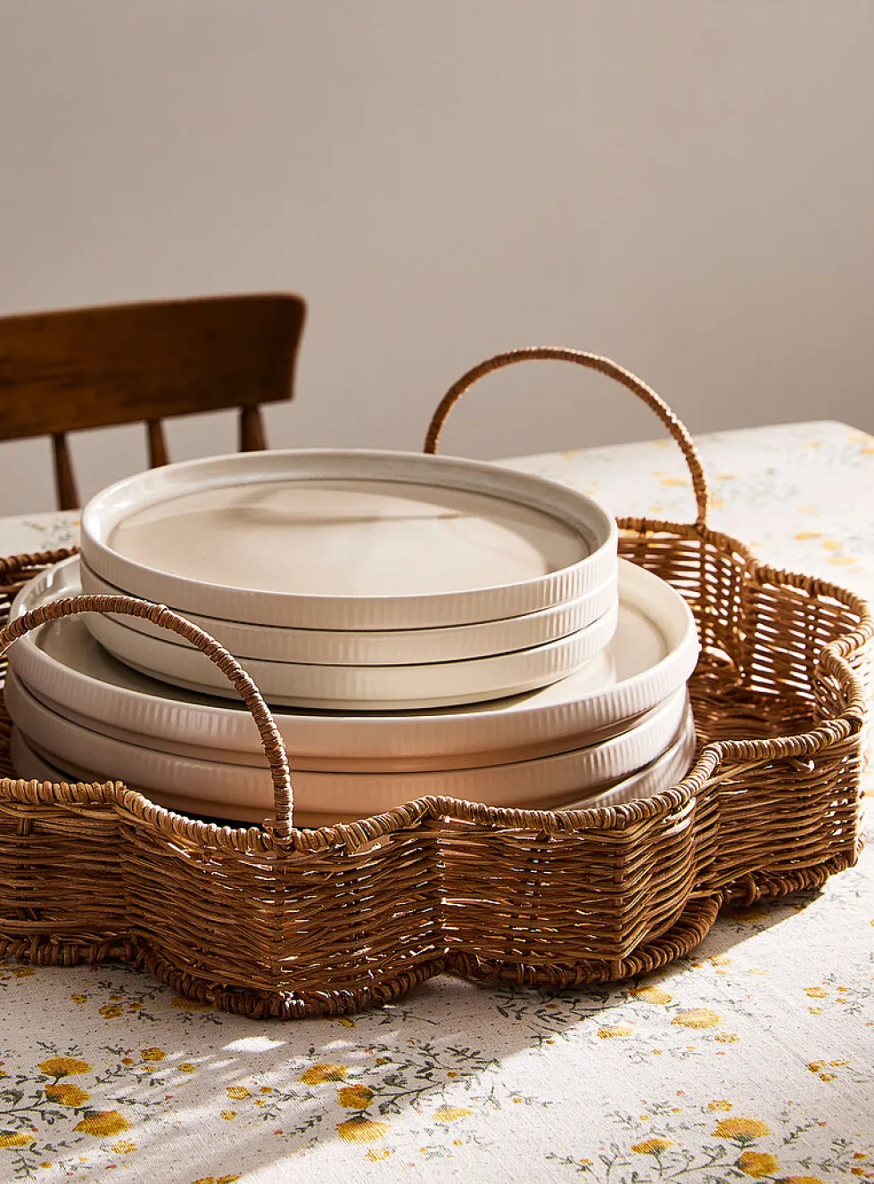 Floral rattan serving tray