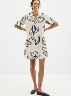 Floral sketches straight-fit linen dress