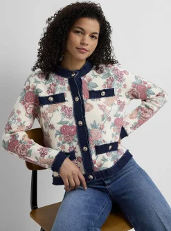 Floral tapestry denim hem cardigan