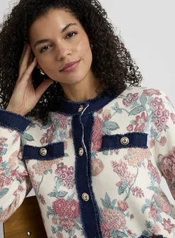 Floral tapestry denim hem cardigan