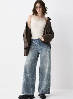 Floral tapestry wide-leg jean
