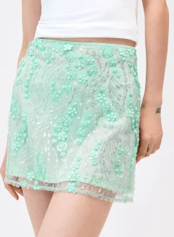 Flowers, sequins and pearls turquoise miniskirt