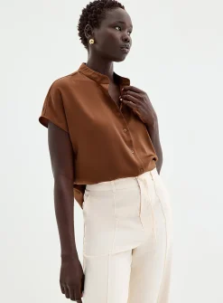 Flowy satin cap-sleeve blouse