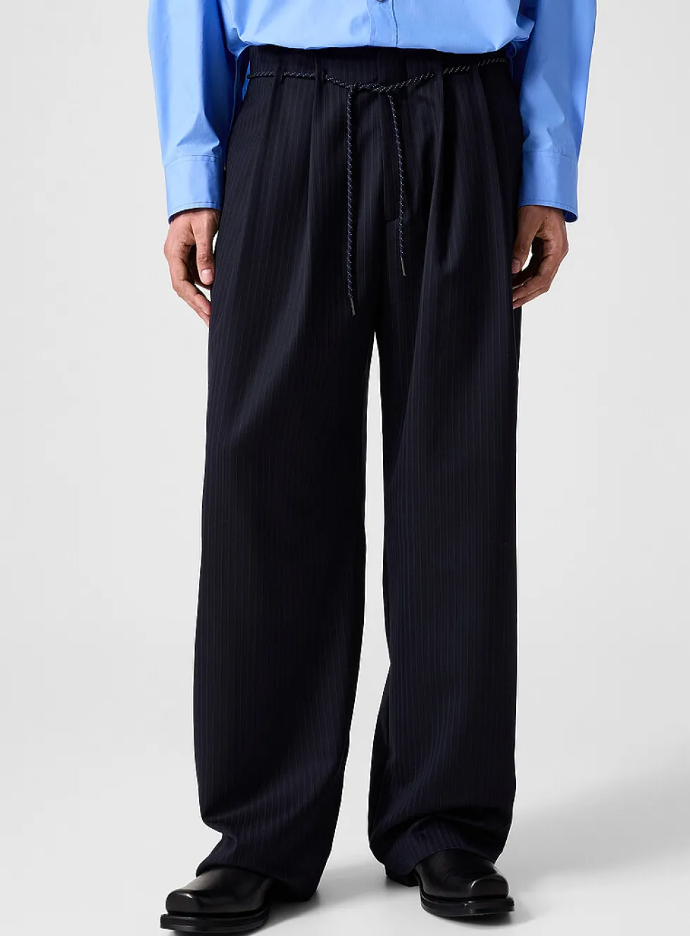 Fluid banker-striped drawstring-waist pant