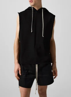 Frayed sleeveless hooded sweatshirt