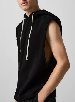 Frayed sleeveless hooded sweatshirt