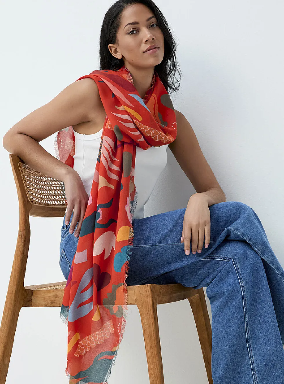 Fringed edging colourful lightweight scarf