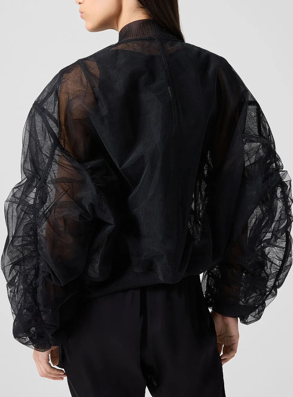 Gathered balloon sleeves tulle bomber jacket