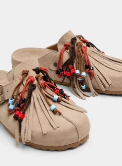 Geo beige suede mules