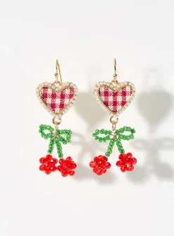 Gingham heart and cherry earrings