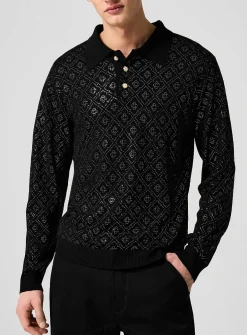 Glittering monogram pure merino wool polo shirt