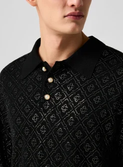 Glittering monogram pure merino wool polo shirt