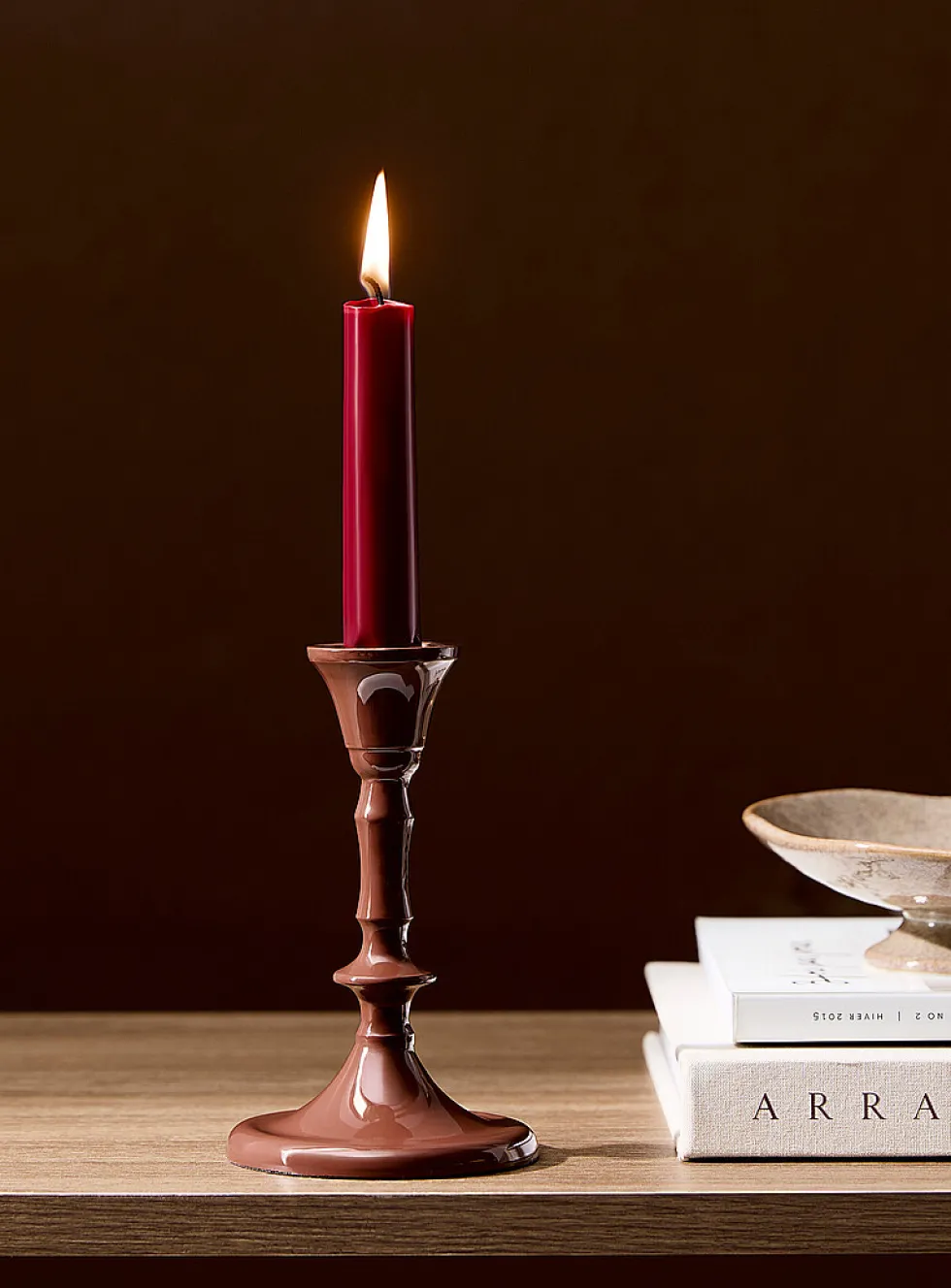 Glossy chocolate brown ceramic candleholder