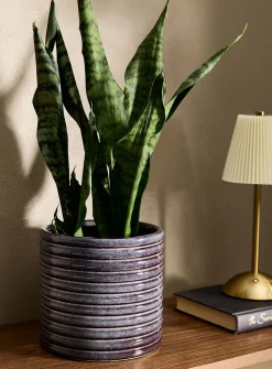 Glossy wavy blue-grey ceramic planter