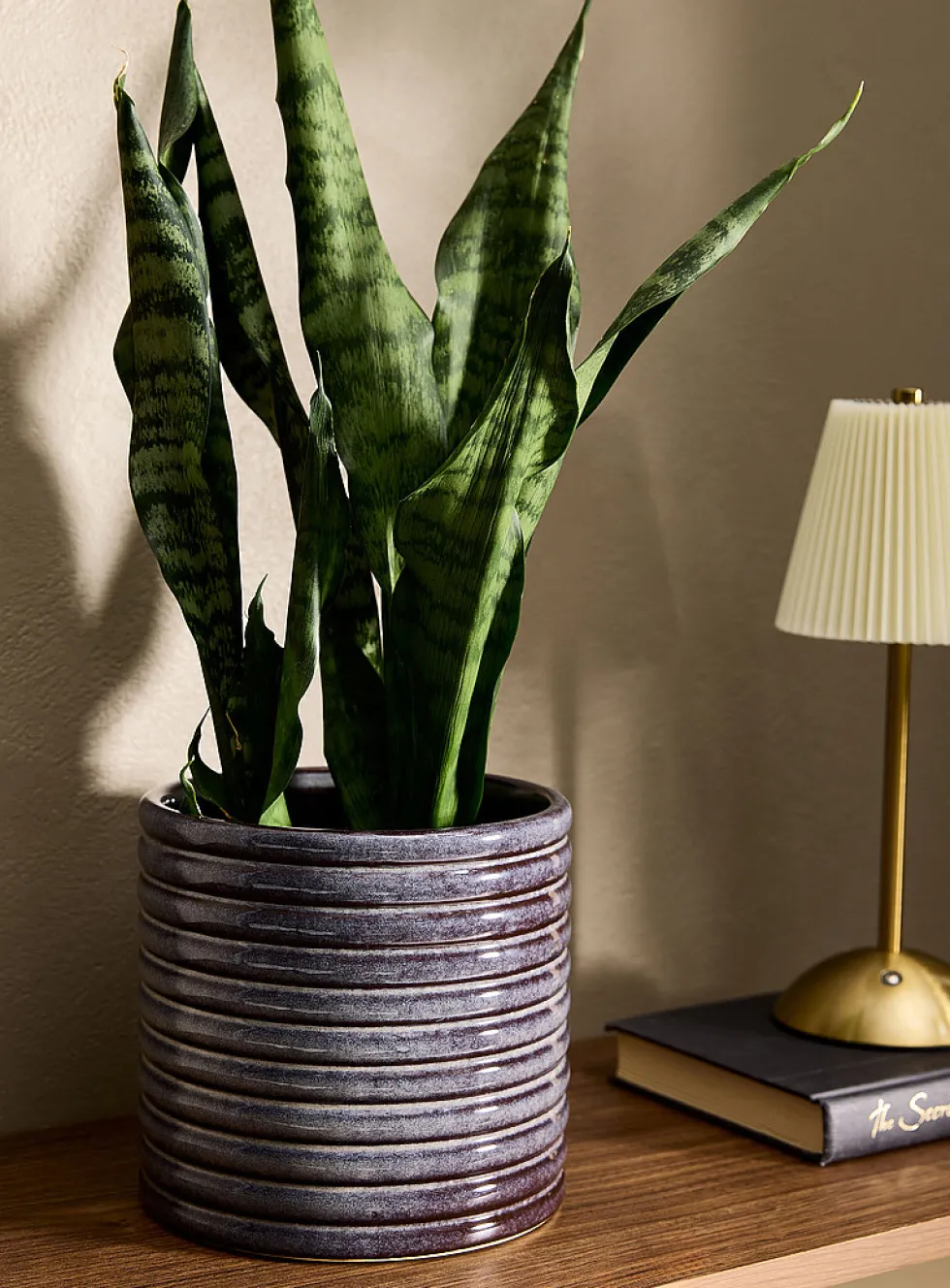 Glossy wavy blue-grey ceramic planter