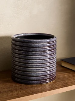 Glossy wavy blue-grey ceramic planter