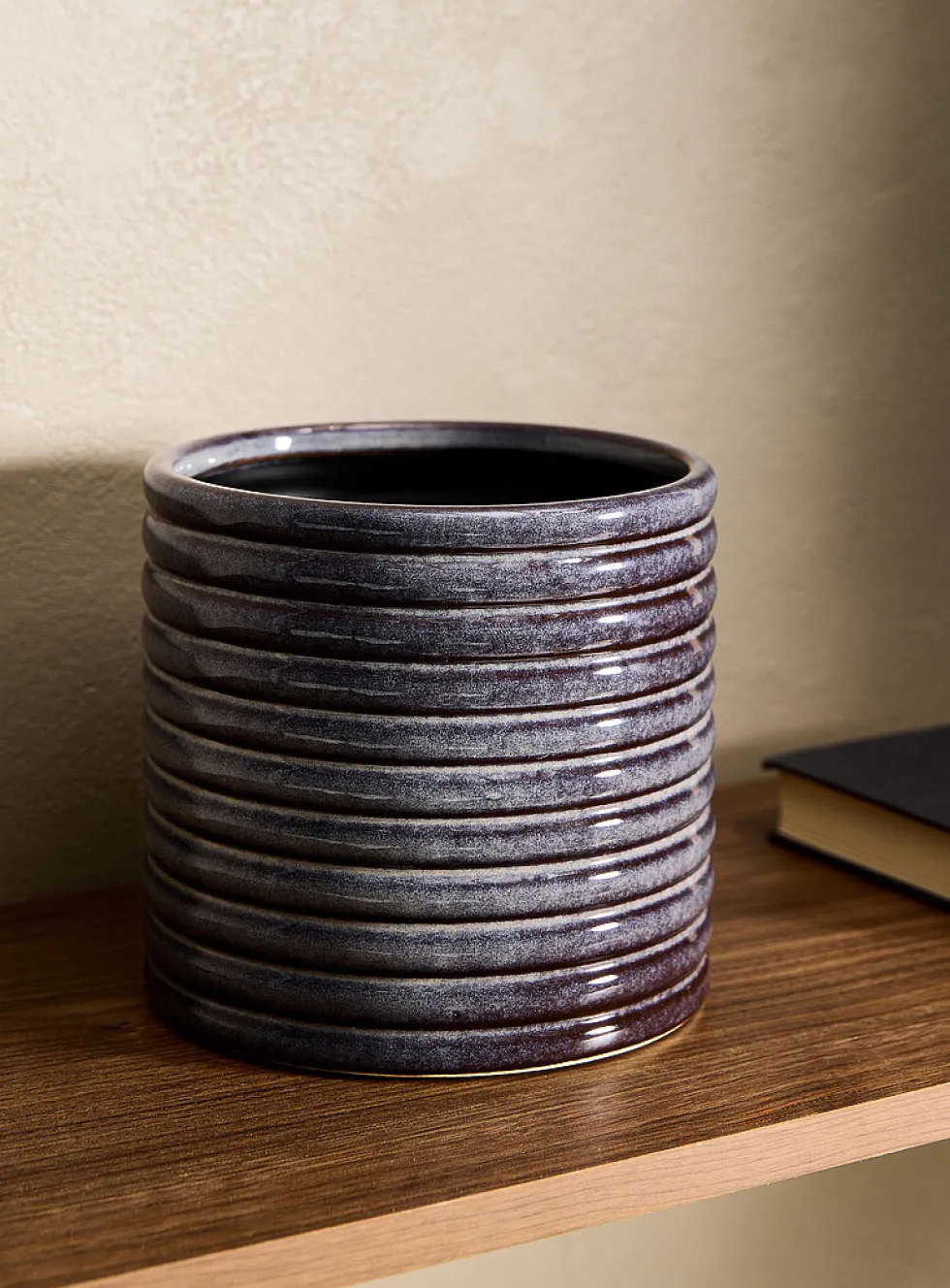 Glossy wavy blue-grey ceramic planter