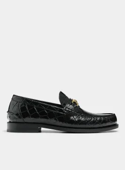 Golden buckle faux croc-skin leather loafers
