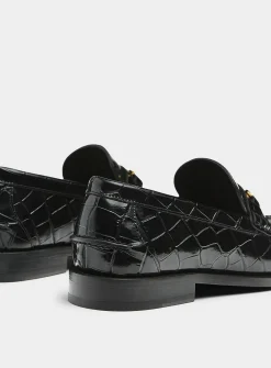 Golden buckle faux croc-skin leather loafers