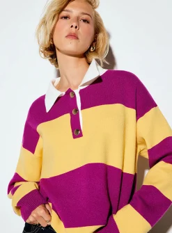Golden buttons polo collar striped cropped sweater