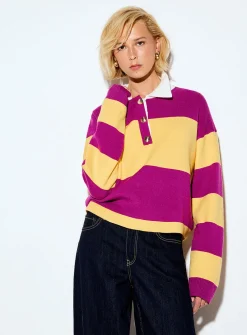 Golden buttons polo collar striped cropped sweater