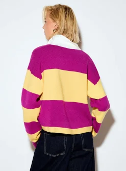 Golden buttons polo collar striped cropped sweater
