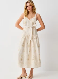 Golden embroidery maxi belted dress
