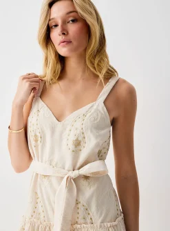 Golden embroidery maxi belted dress