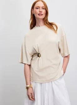 Golden pin gathered waist casual T-shirt
