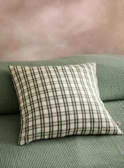 Green checkers linen-blend removable-cover cushion