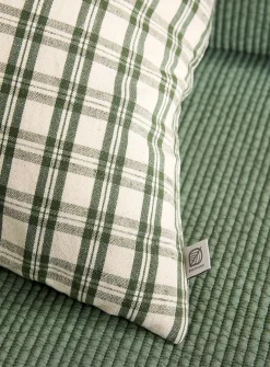 Green checkers linen-blend removable-cover cushion