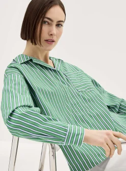 Green stripes open-collar loose blouse