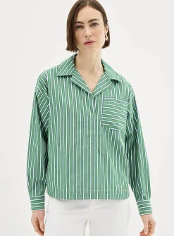 Green stripes open-collar loose blouse