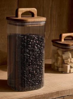 Grooved glass and wood large storage jar