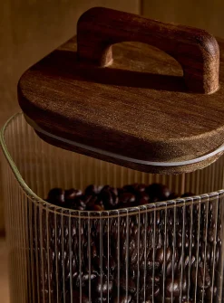 Grooved glass and wood large storage jar
