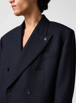 Grooved stripes double-breasted blazer with pin