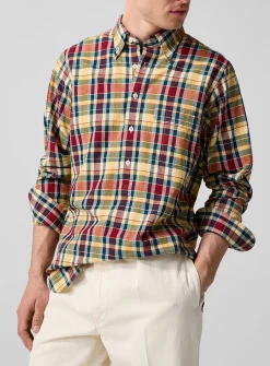 Half-length buttoning checkered madras shirt